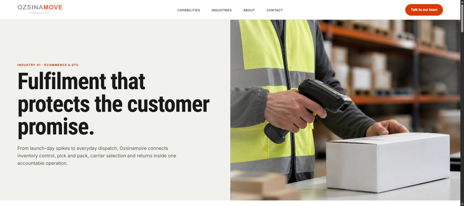 Actual Ozsinamove ecommerce fulfilment website with a large editorial headline and warehouse scanning photograph
