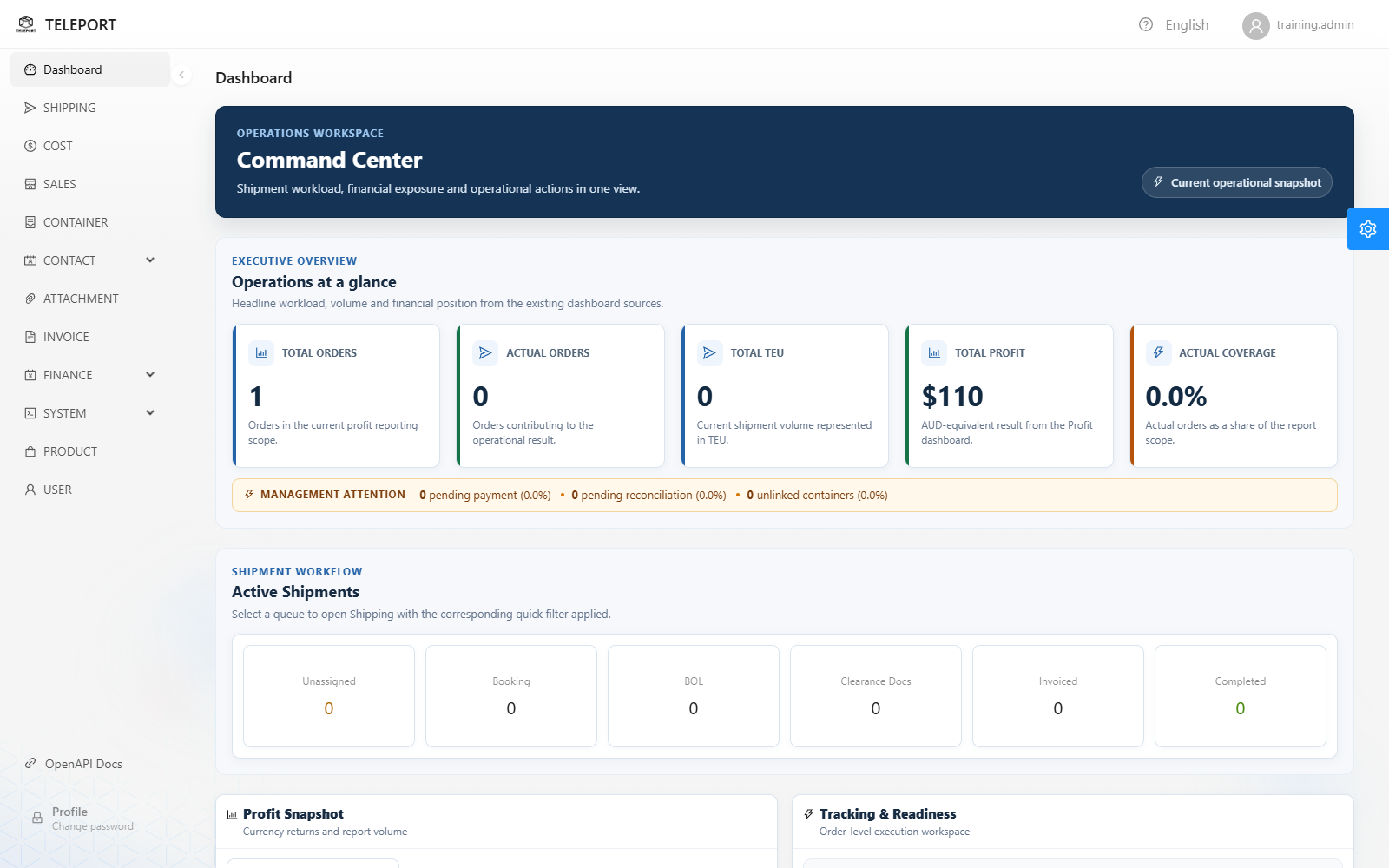Teleport Legacy Command Center with operational cards and shipment queues using training data