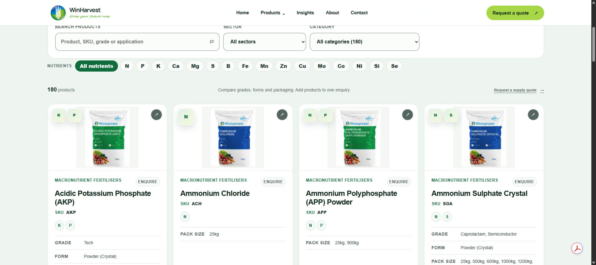 Actual WinHarvest product catalogue with search controls, nutrient filters and material product cards